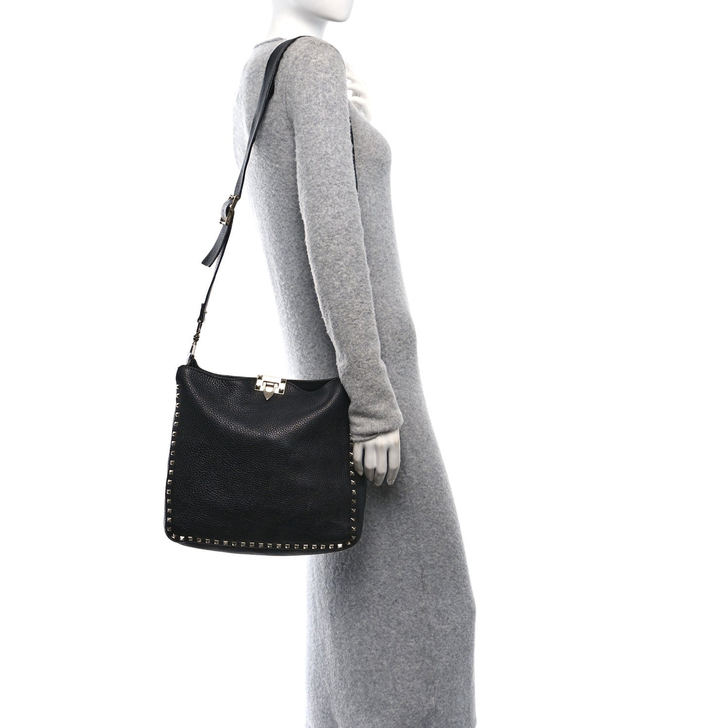 Pebbled Calfskin Small Rockstud Flip-Lock Messenger Bag Black