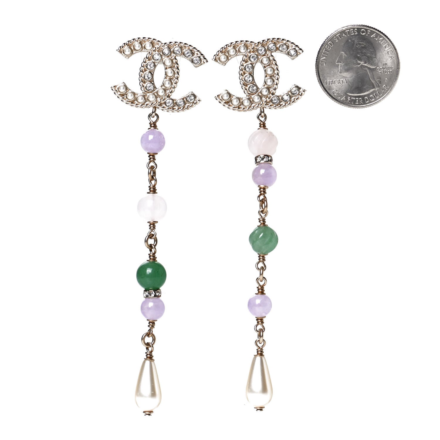 Chanel Crystal Pearl Beaded CC Long Drop Earrings Gold Multicolor 2 of 5