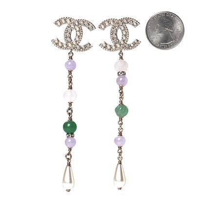 Chanel Crystal Pearl Beaded CC Long Drop Earrings Gold Multicolor 2 of 5