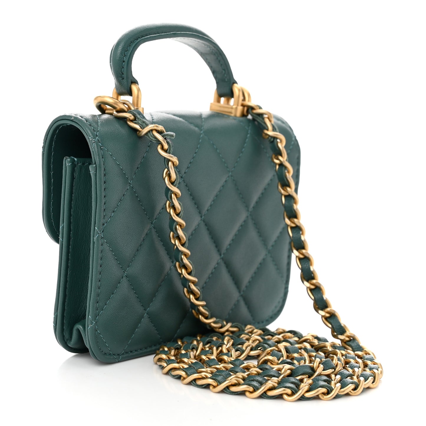 Lambskin Quilted Top Handle Flap Coin Purse With Chain Green