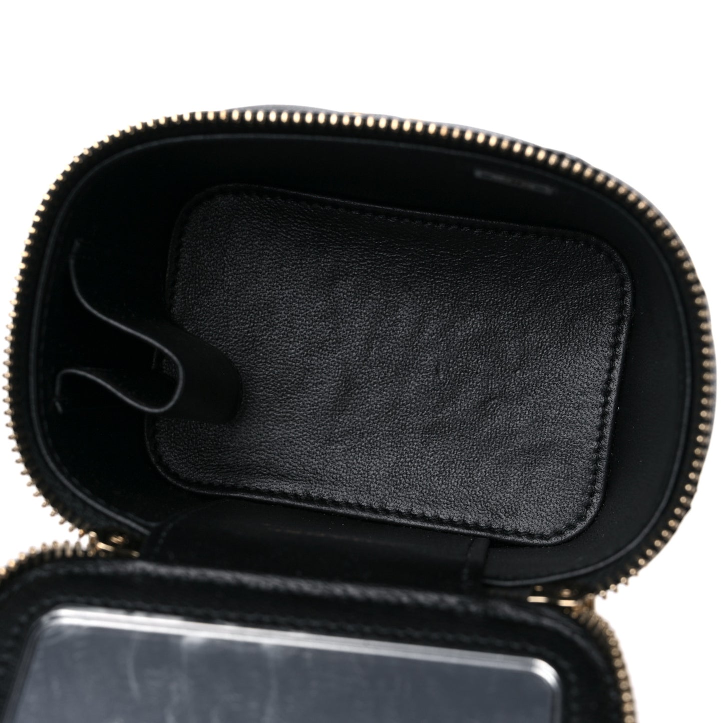 Lambskin Quilted Metal Mini Top Handle Vanity Case With Chain Black