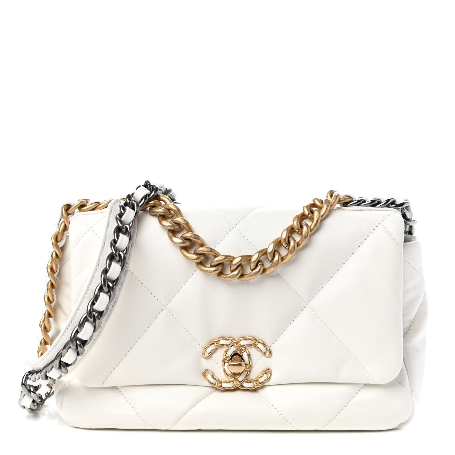 Chanel Shiny Goatskin Quilted Medium Chanel 19 Flap White 1 of 11