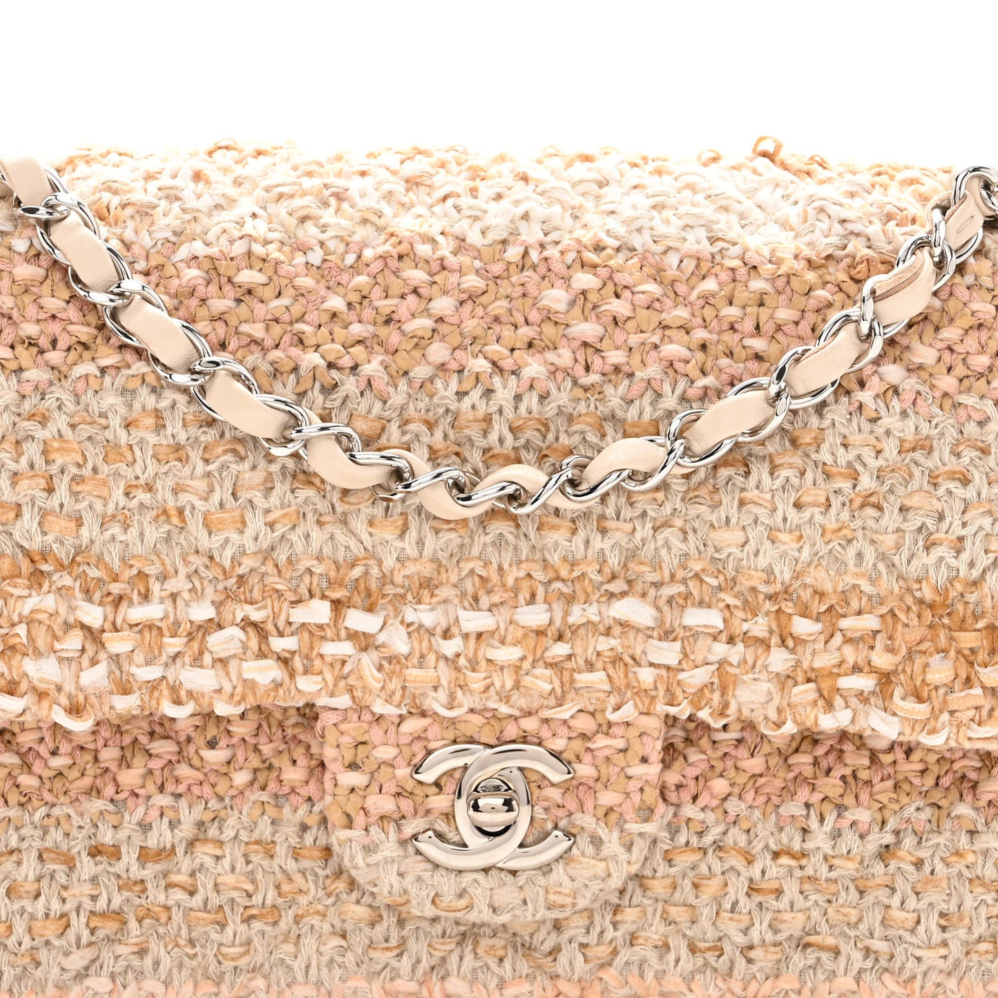 Tweed Quilted Medium Double Flap Beige Ecru Pink