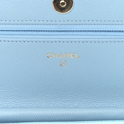 Chanel Caviar Quilted Crystal CC Wallet On Chain WOC Light Blue 6 of 17