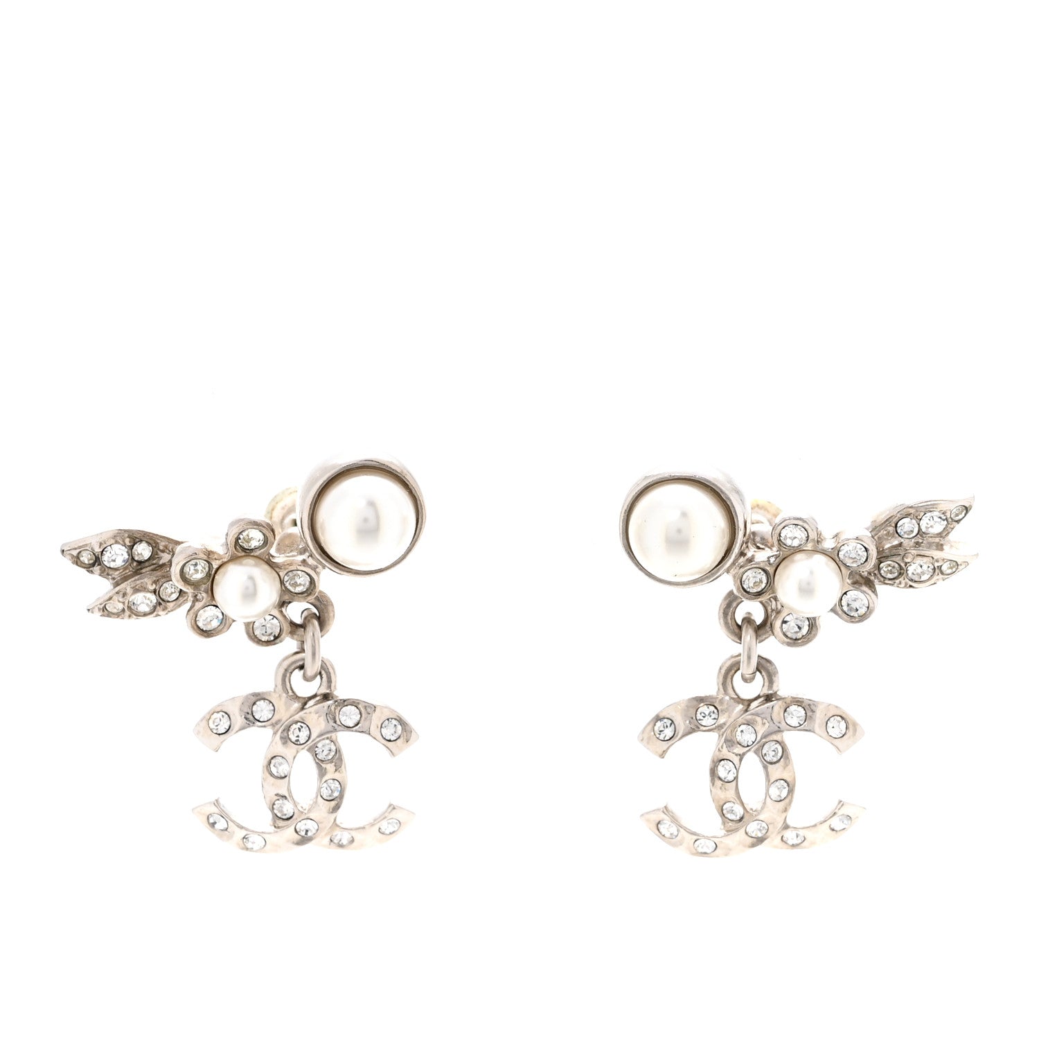 Chanel Crystal Pearl CC Leaf Earrings Silver 2 of 10