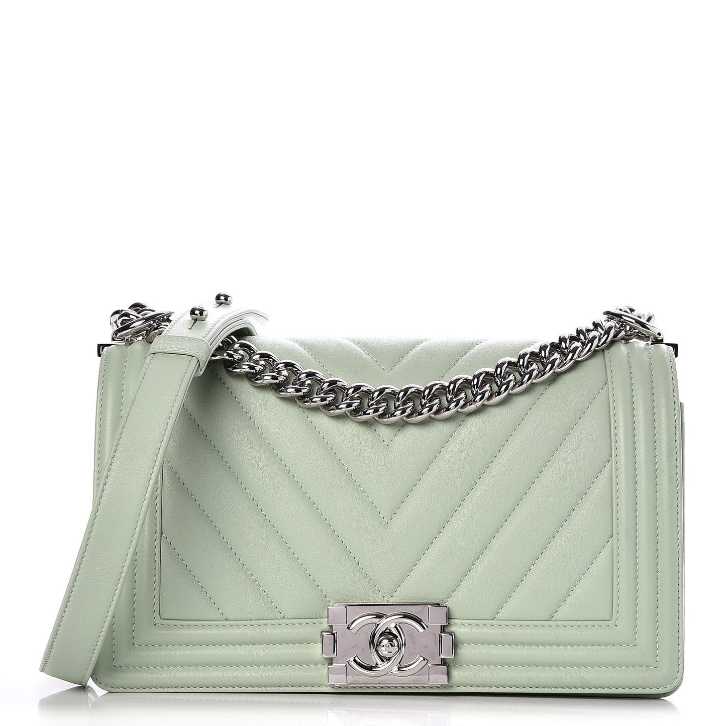 Calfskin Chevron Quilted Medium Boy Flap Light Green