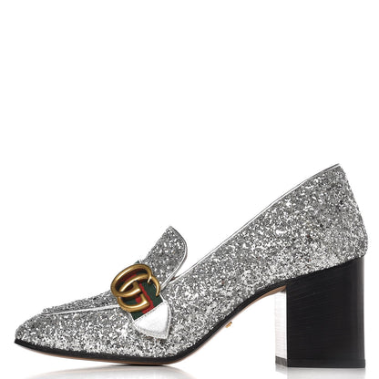Gucci Glitter Nappa Web Peyton 75mm Loafer Pumps 38 Argento 1 of 12