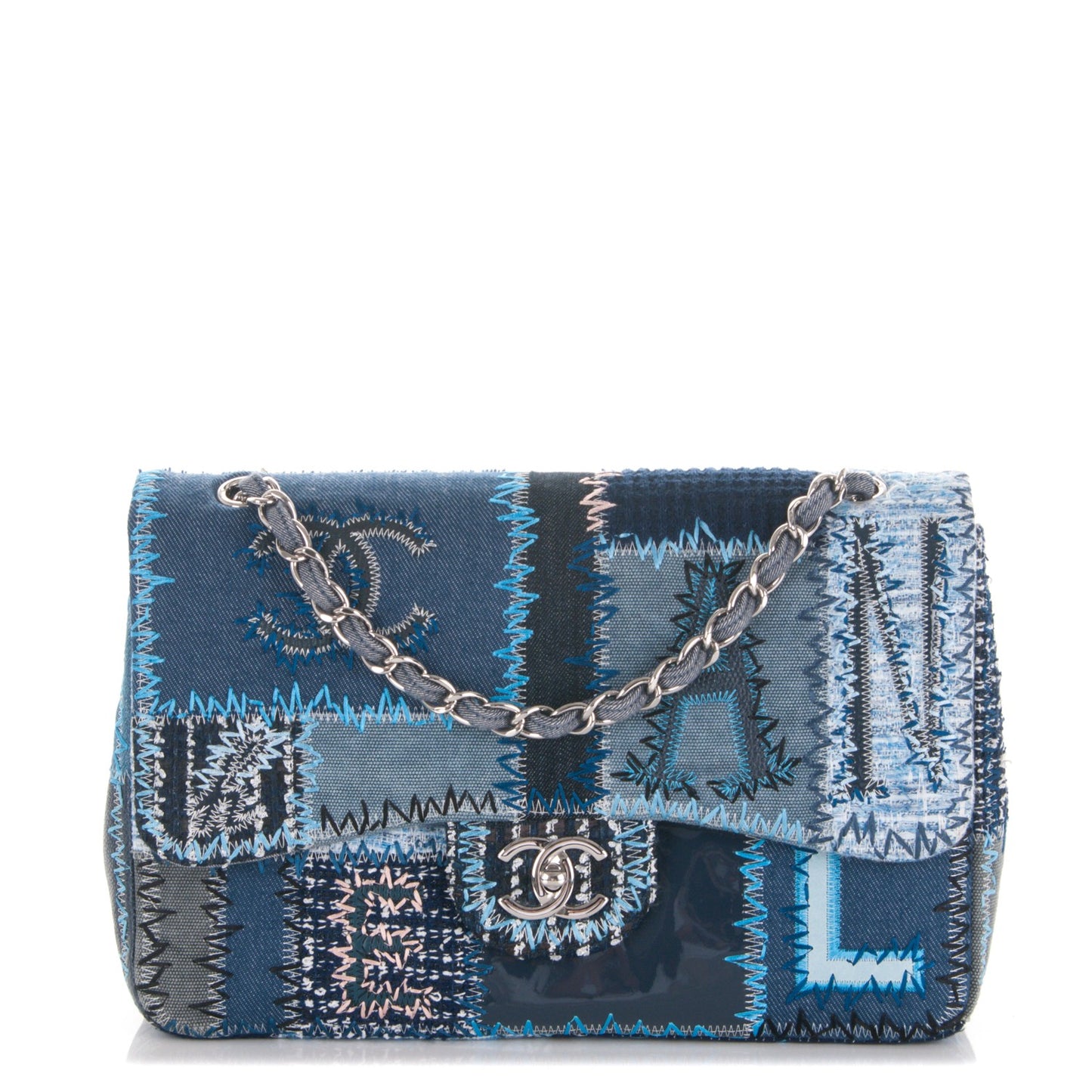 Denim Tweed Patchwork Jumbo Single Flap Blue
