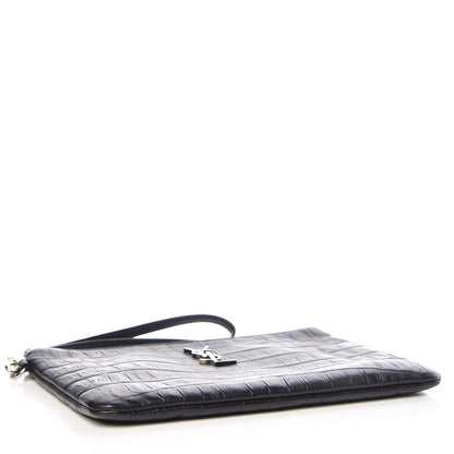 Saint Laurent Calfskin Crocodile Embossed Monogram Zip Pouch Black 4 of 8