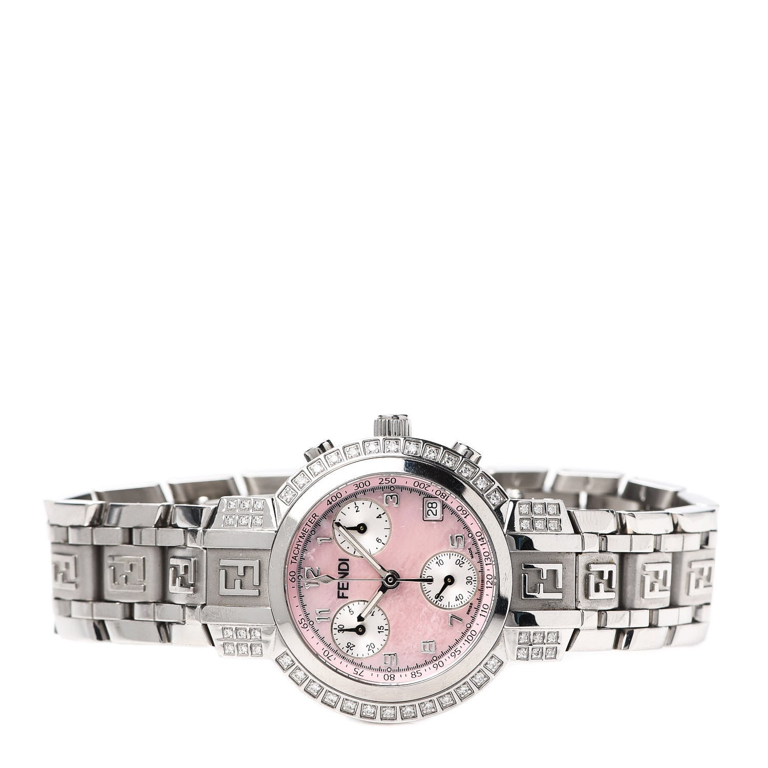 Fendi Stainless Steel Diamond Bezel Pink Mother of Pearl 32mm Orologi Zucca Chronograph Quartz Watch 2 of 6