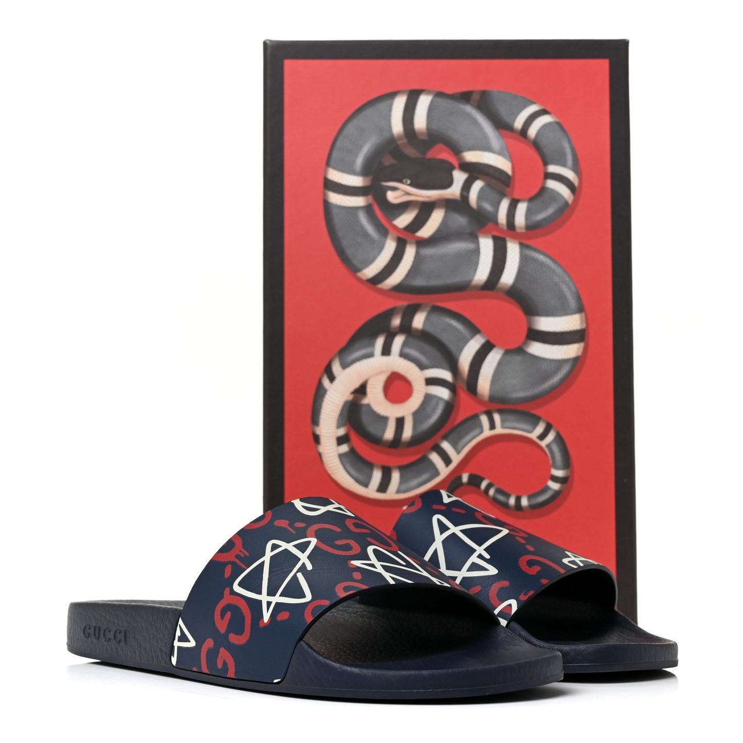 Calfskin GucciGhost Print Womens Slide Sandals 40 Blue Agata Hibiscus Red