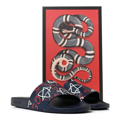 Gucci Calfskin GucciGhost Print Womens Slide Sandals 40 Blue Agata Hibiscus Red 9 of 9