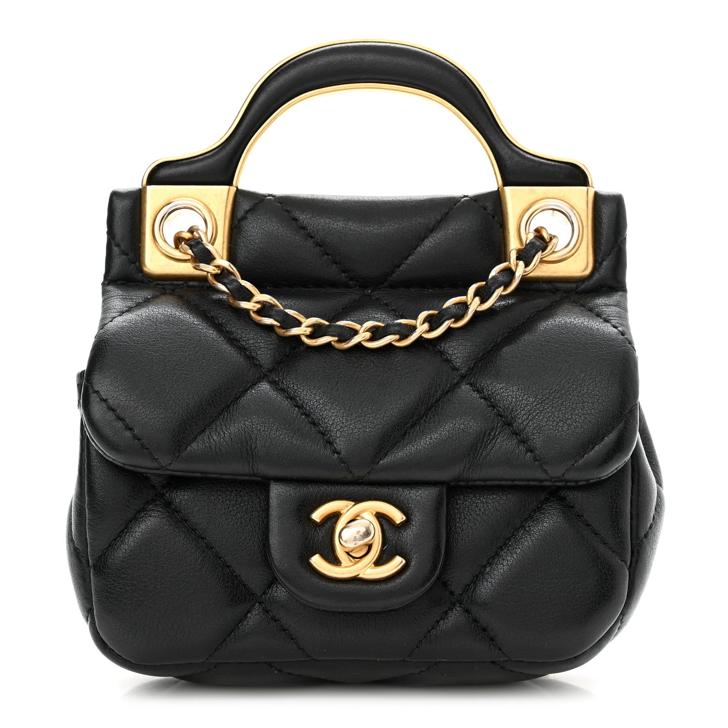 Chanel Calfskin Quilted Lady Handle Flap Card Holder With Chain Black 1 of 12