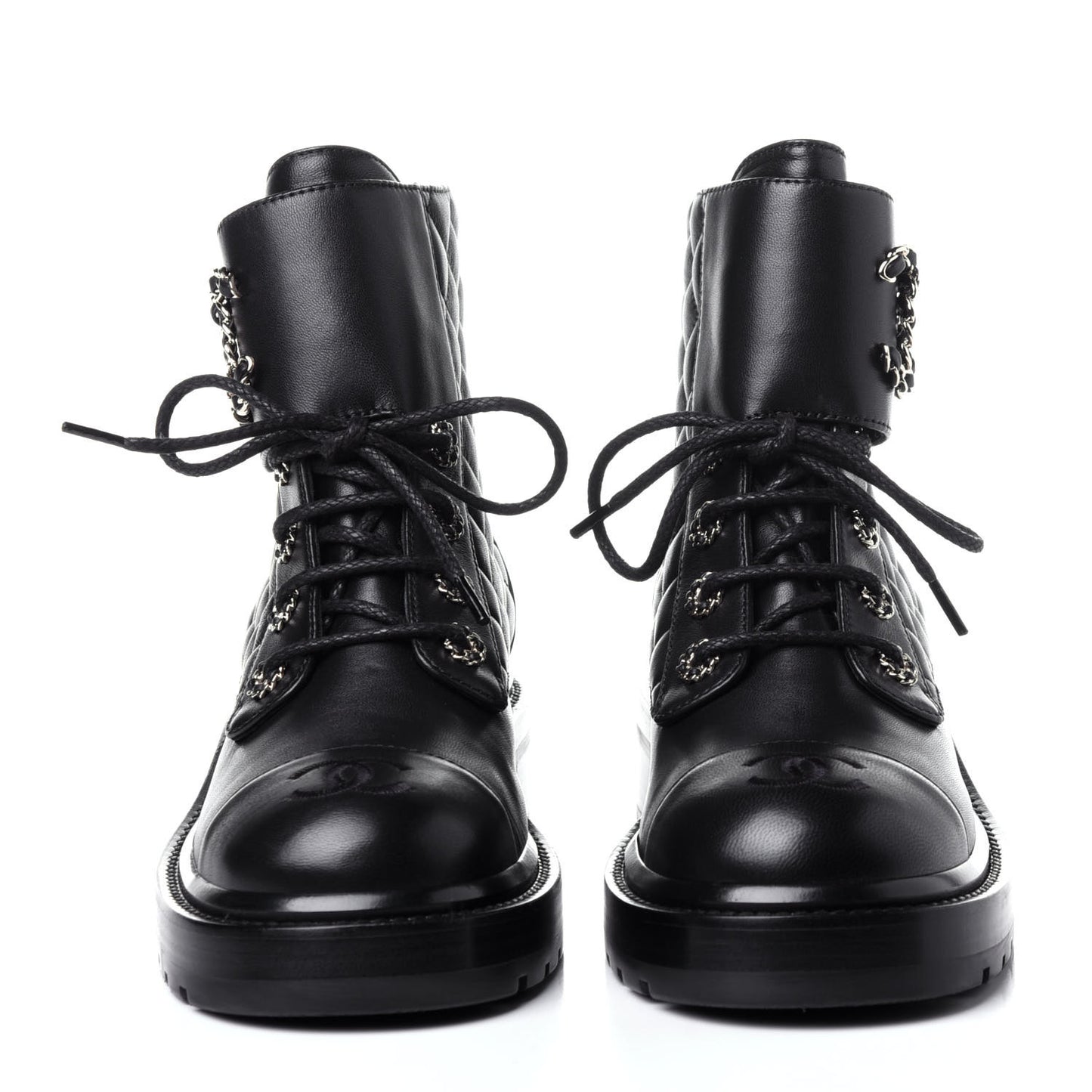 Shiny Lambskin Quilted Lace Up Combat Boots 38 Black