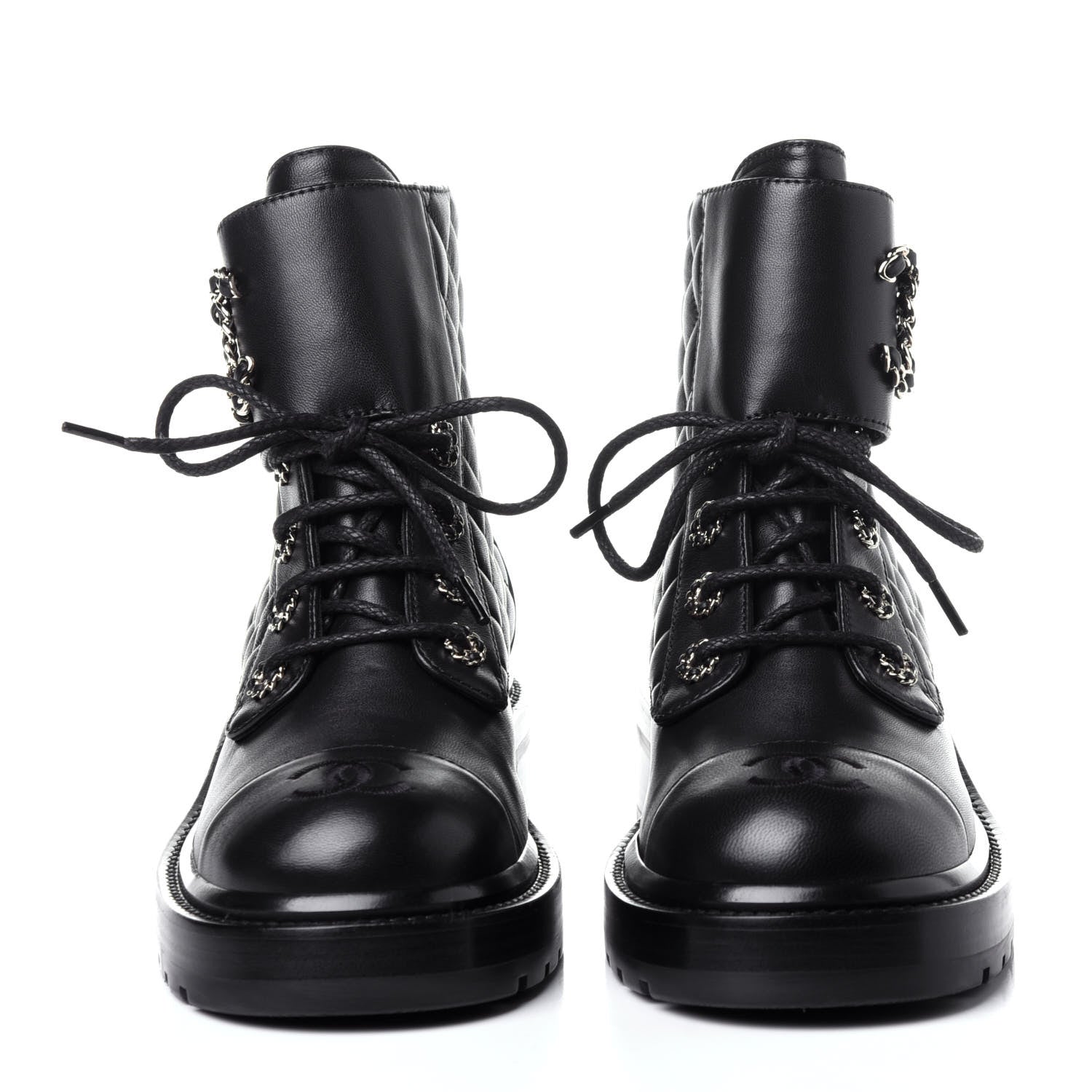 Chanel Shiny Lambskin Quilted Lace Up Combat Boots 38 Black 2 of 12