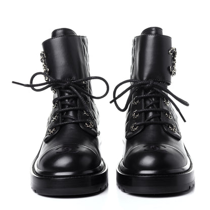 Chanel Shiny Lambskin Quilted Lace Up Combat Boots 38 Black 2 of 12