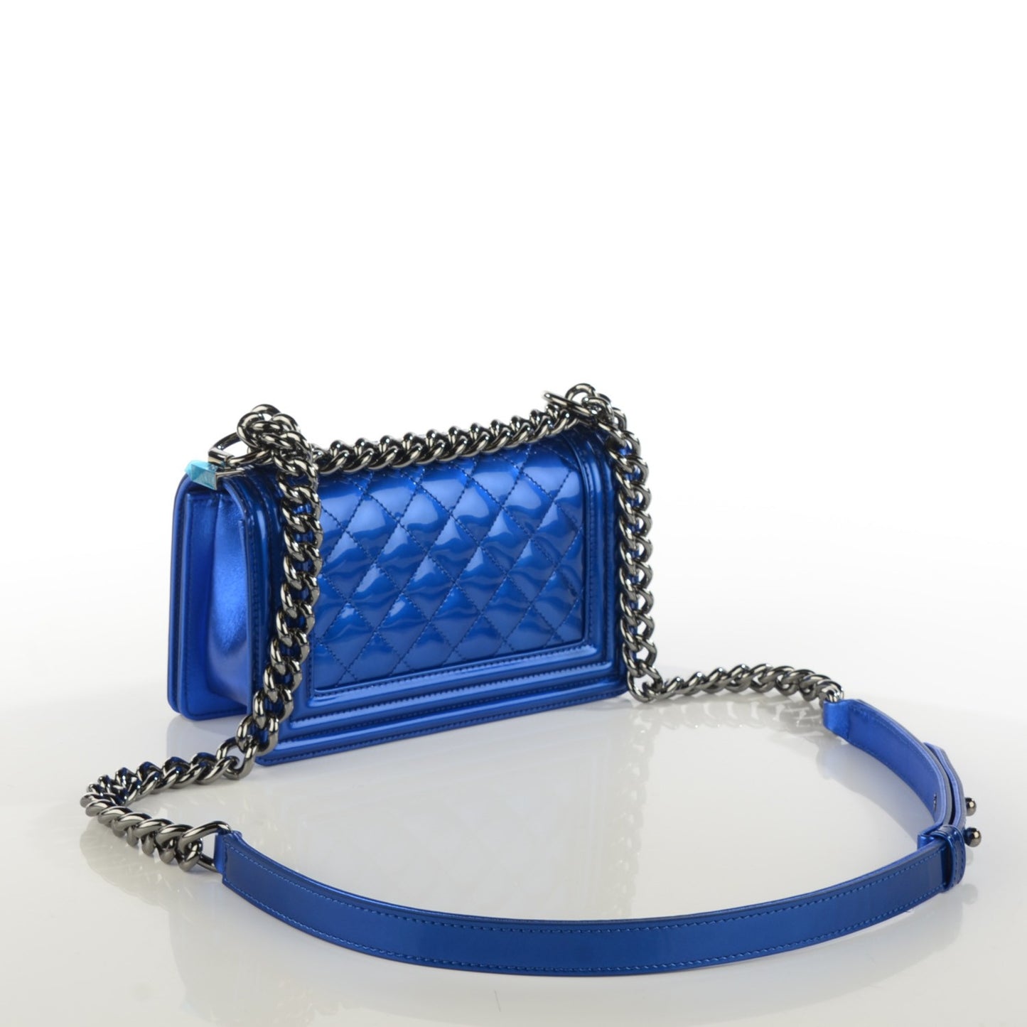 Metallic Patent Calfskin Quilted Small Boy Flap Blue