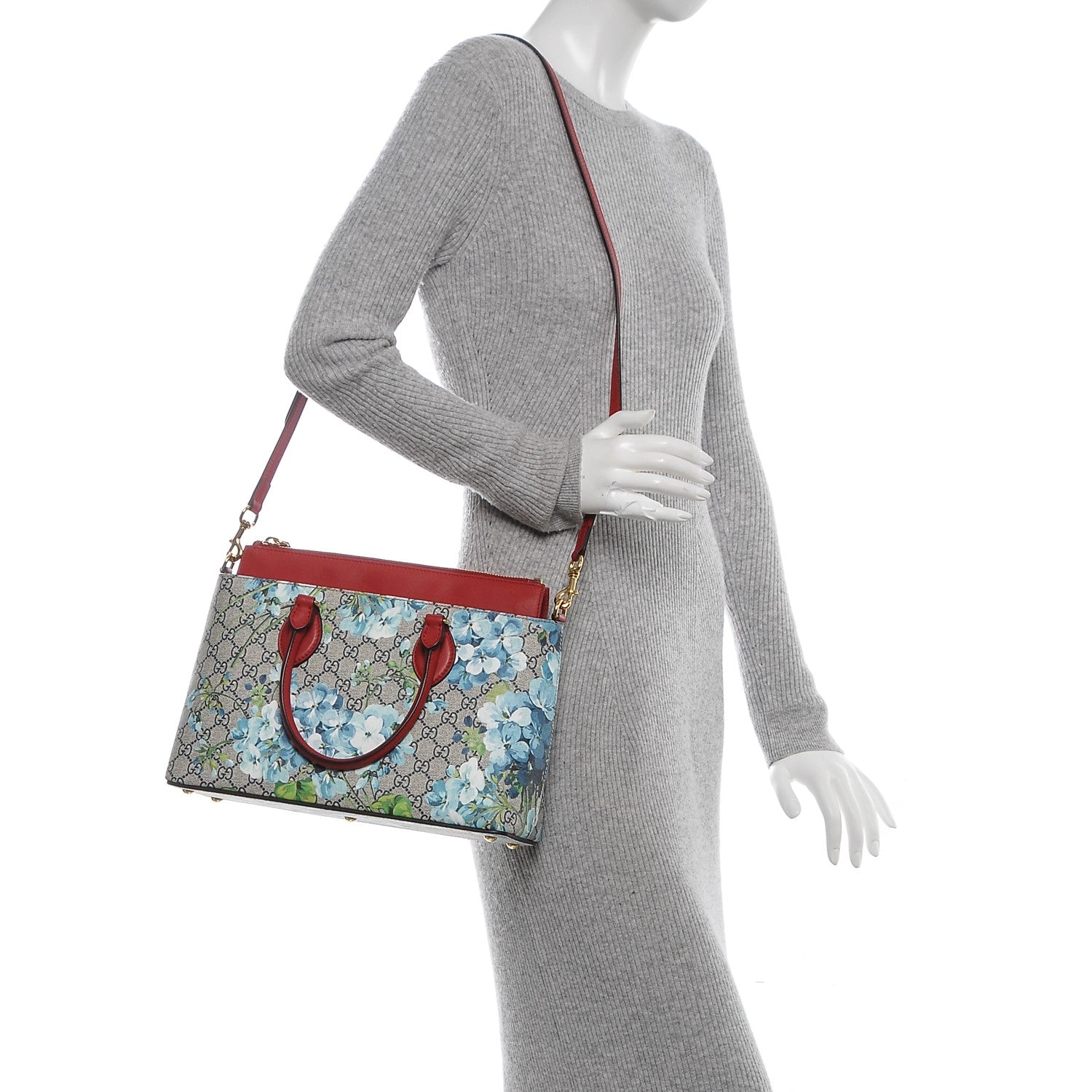 Gucci GG Supreme Monogram Blooms Small Zip Top Tote Beige Blue Navy Hibiscus Red 2 of 7