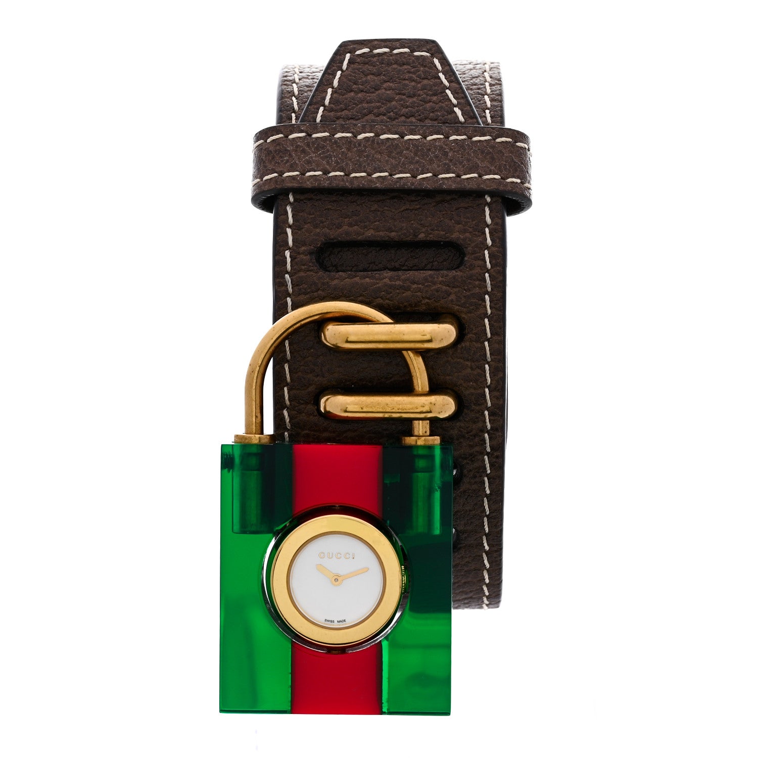 Gucci Stainless Steel Plexiglass Calfskin Mother of Pearl 30mm Twirl Lock Quartz Watch 1 of 5