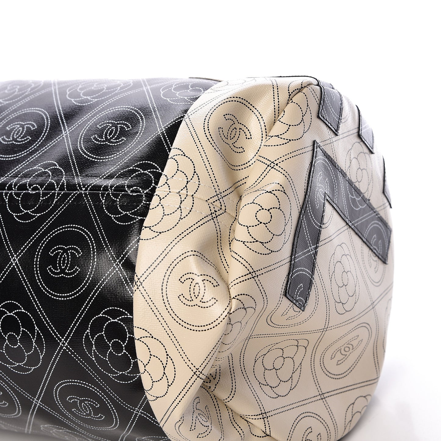 Coated Canvas Camellia Printed Calfskin Bowling Bag Black Beige