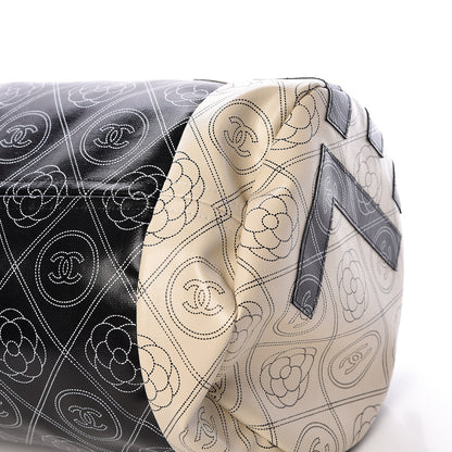 Chanel Coated Canvas Camellia Printed Calfskin Bowling Bag Black Beige 11 of 11