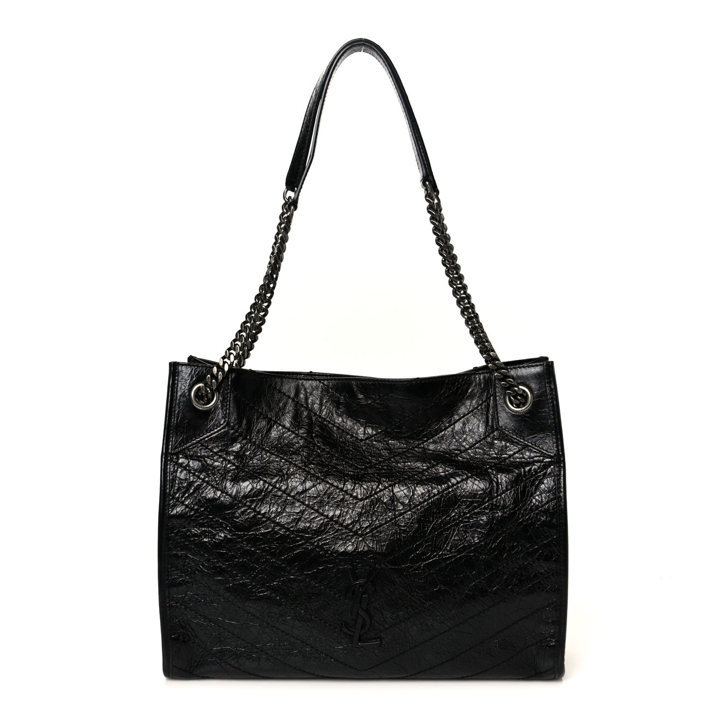 Crinkled Calfskin Matelasse Monogram Medium Niki Shopper Tote Black