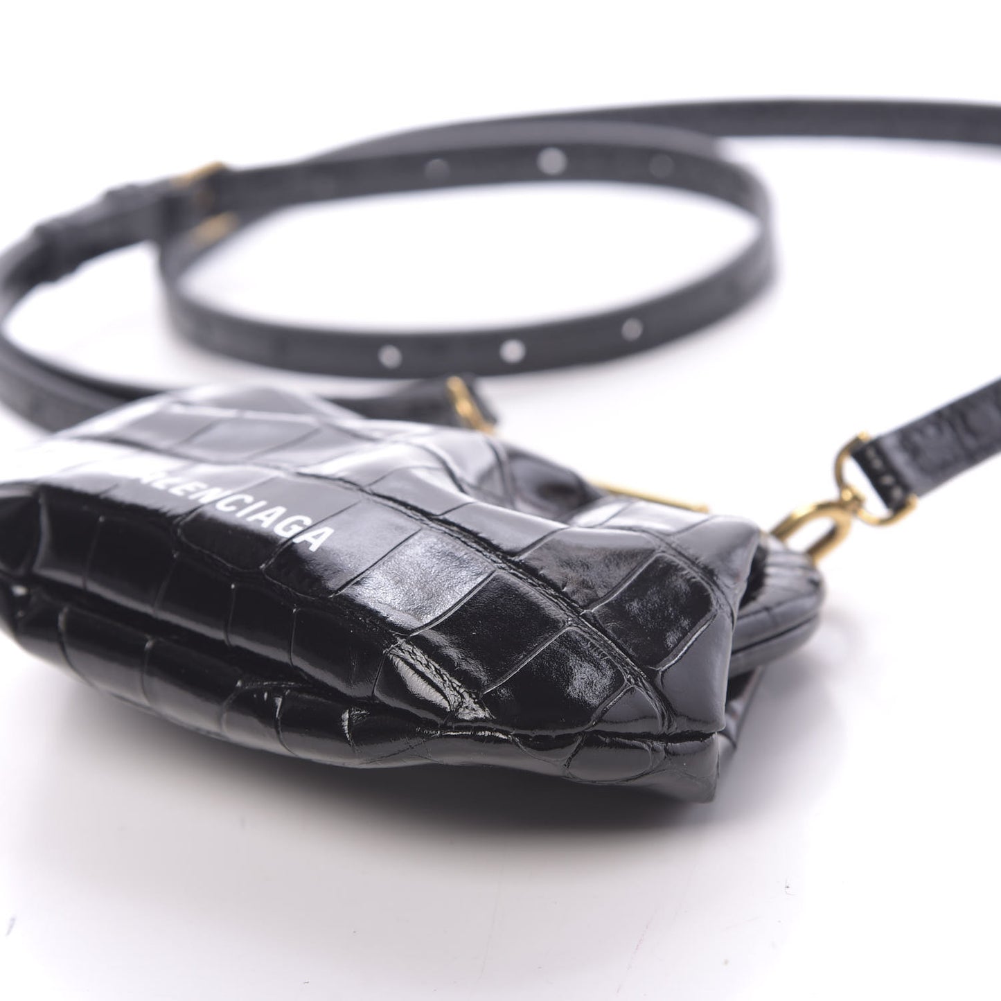 Shiny Supple Calfskin Logo Crocodile Embossed Cloud Coin Purse With Strap Black White