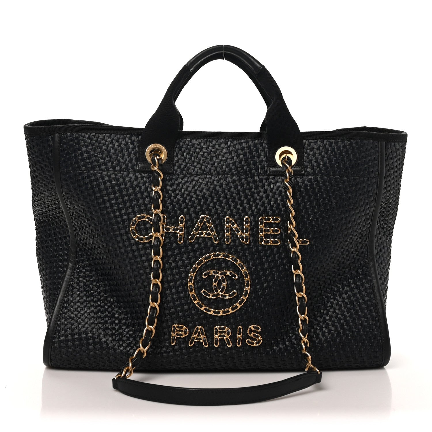 Chanel Straw Raffia Calfskin Chain Medium Deauville Tote Black 1 of 10