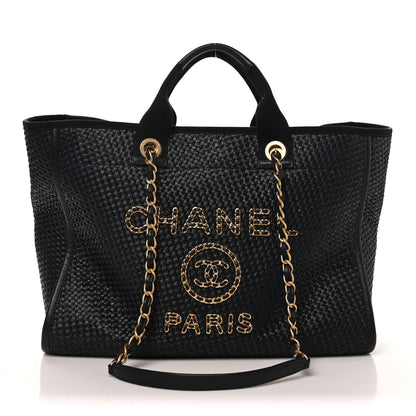Chanel Straw Raffia Calfskin Chain Medium Deauville Tote Black 1 of 10
