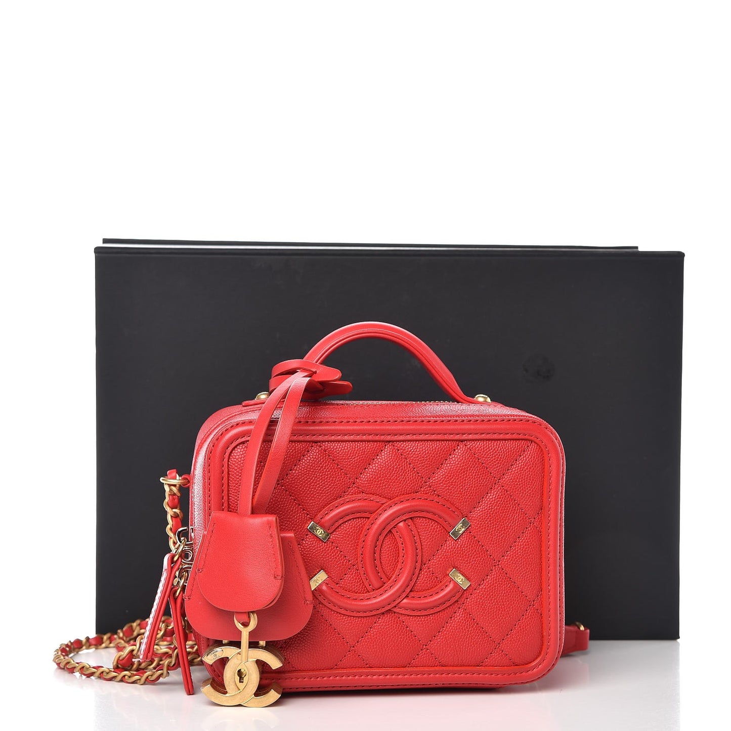 Caviar Quilted Small CC Filigree Vanity Case Red