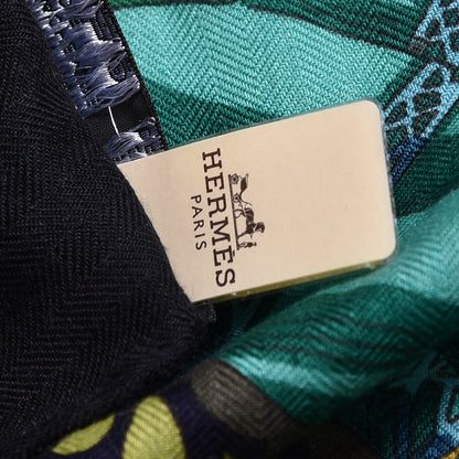 Hermes Cashmere Silk La Danse Du Cheval Shawl 140 Noir Vert Turquoise 7 of 8