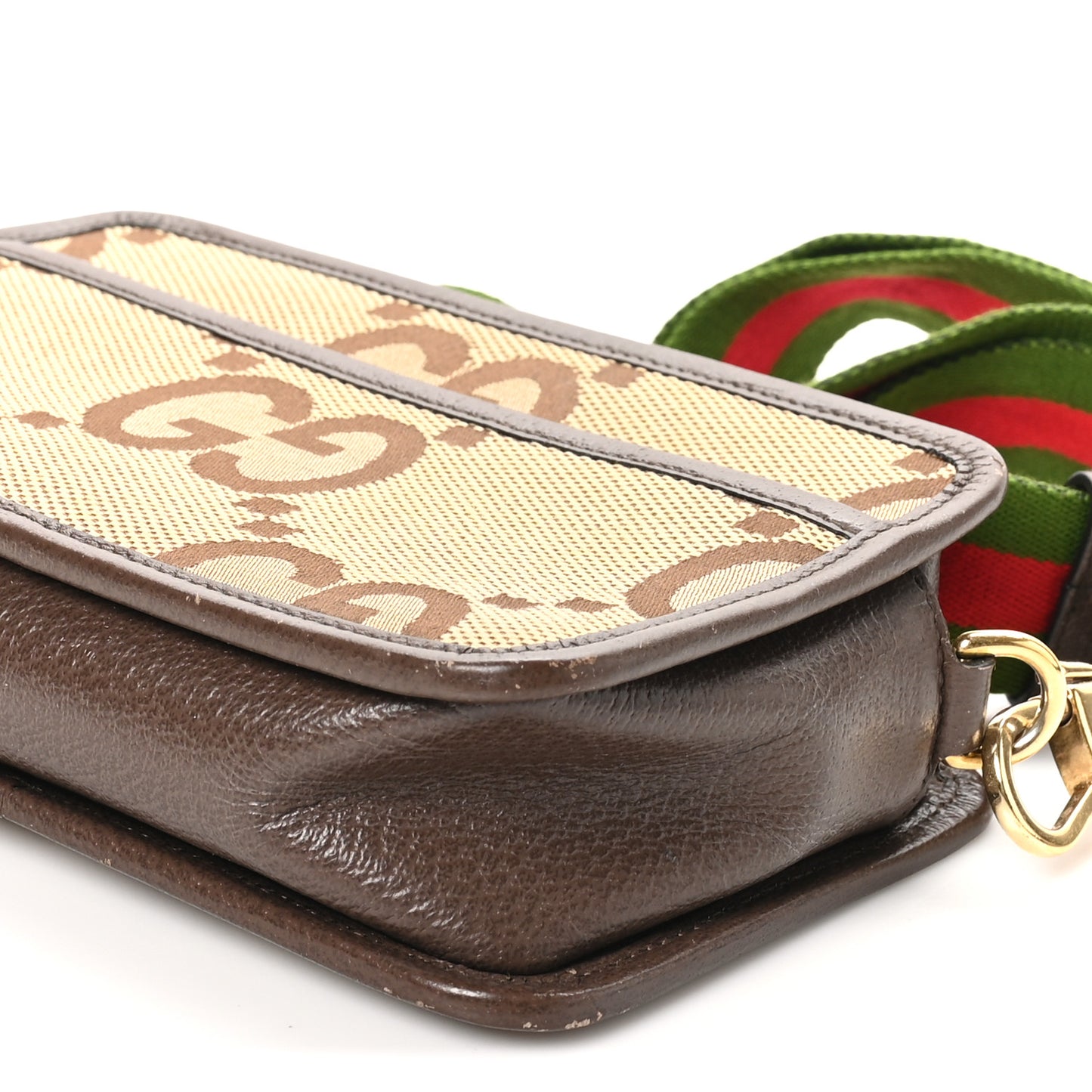 Monogram Jumbo GG Textured Dollar Calfskin Web Mini Crossbody Bag Camel Ebony New Acero
