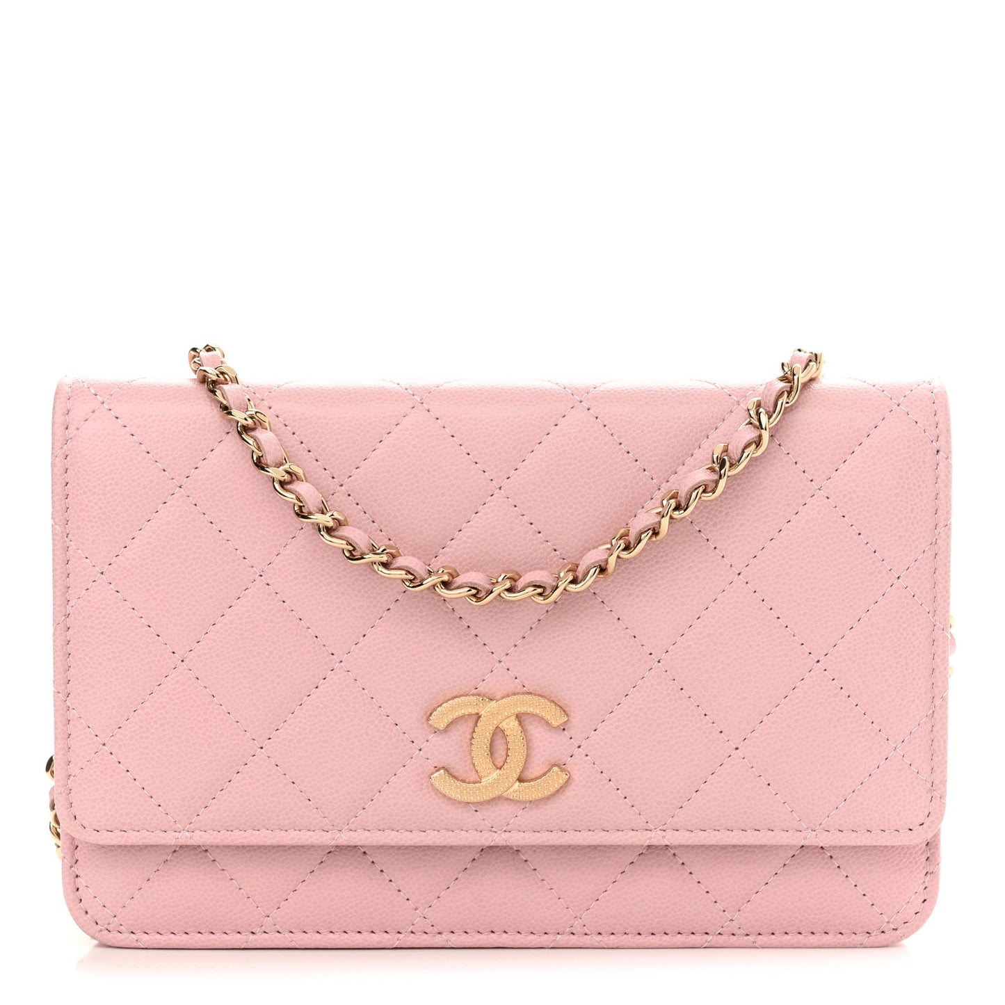 Caviar Quilted Studded CC Wallet on Chain WOC Light Pink