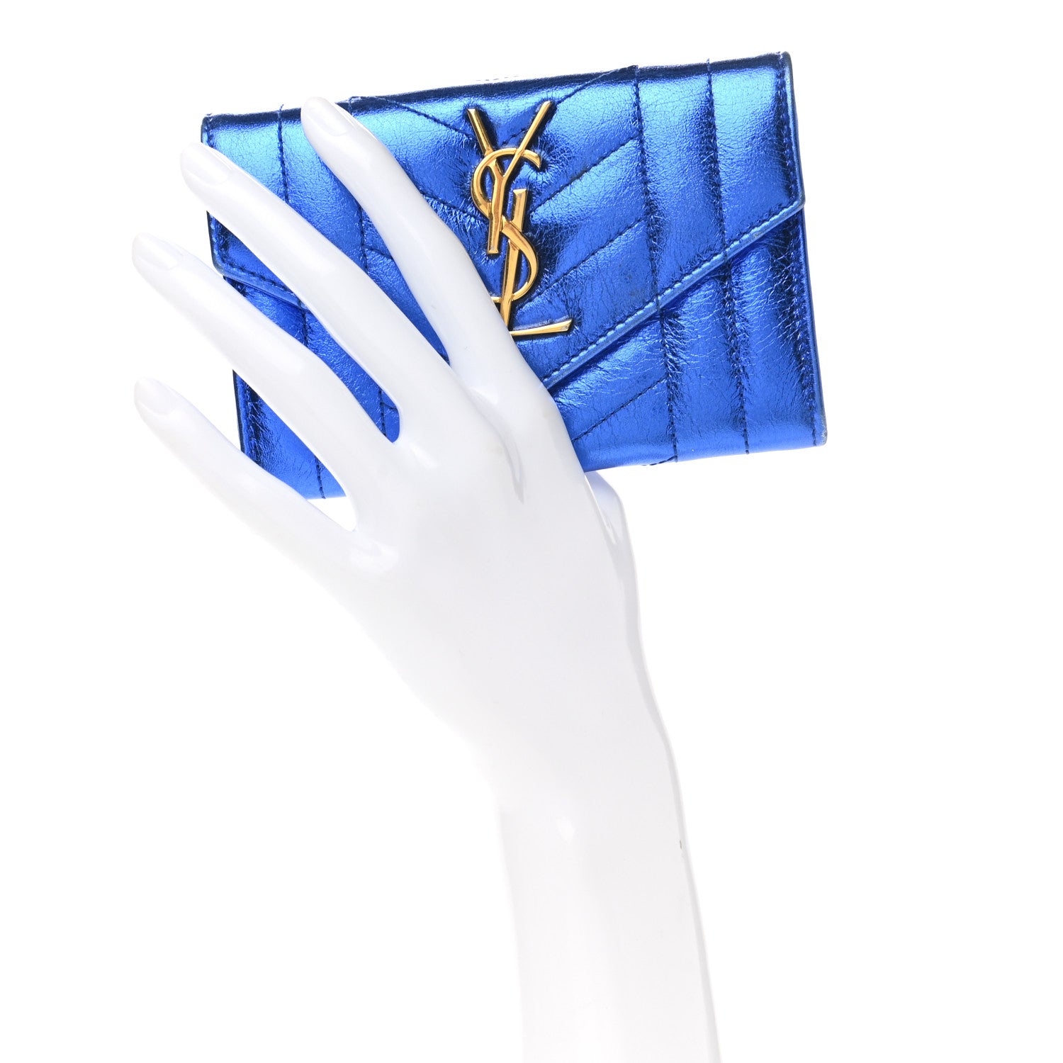 Saint Laurent Metallic Goatskin Mixed Matelasse Chevron Small Monogram Envelope Wallet Blue 2 of 8