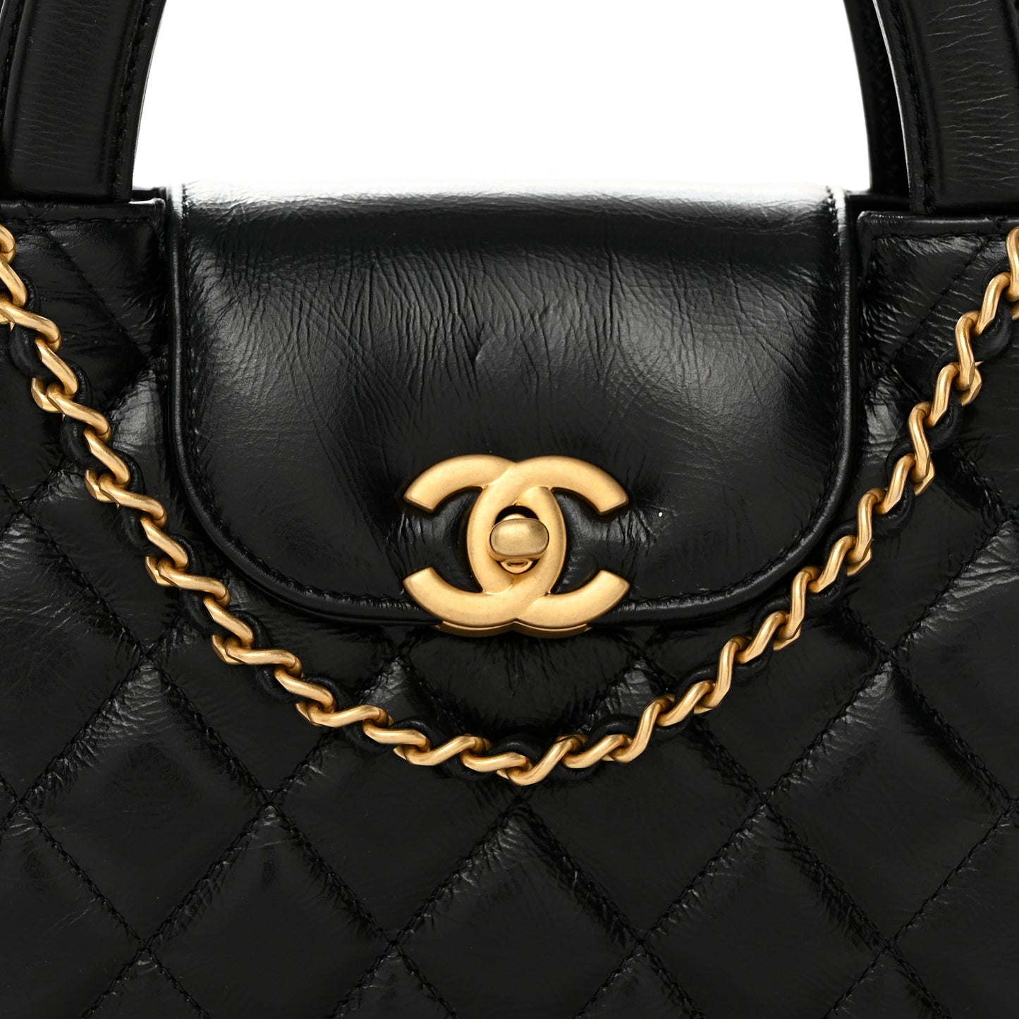 Shiny Aged Calfskin Quilted Nano Kelly Shopper Black