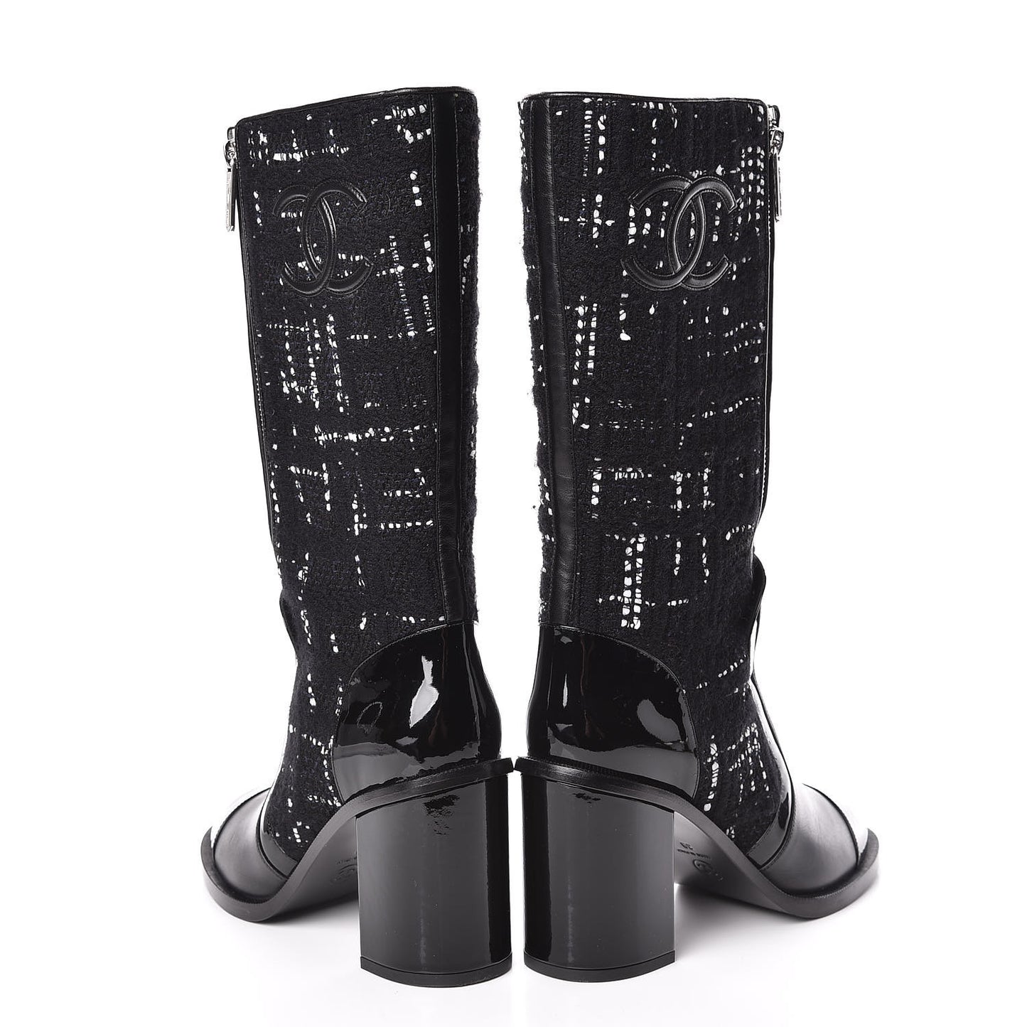 Tweed Calfskin Patent Cap Toe CC High Boots 39 Black Navy White