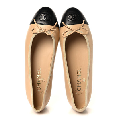 Chanel Lambskin Cap Toe CC Ballerina Flats 37 Beige Black 2 of 10