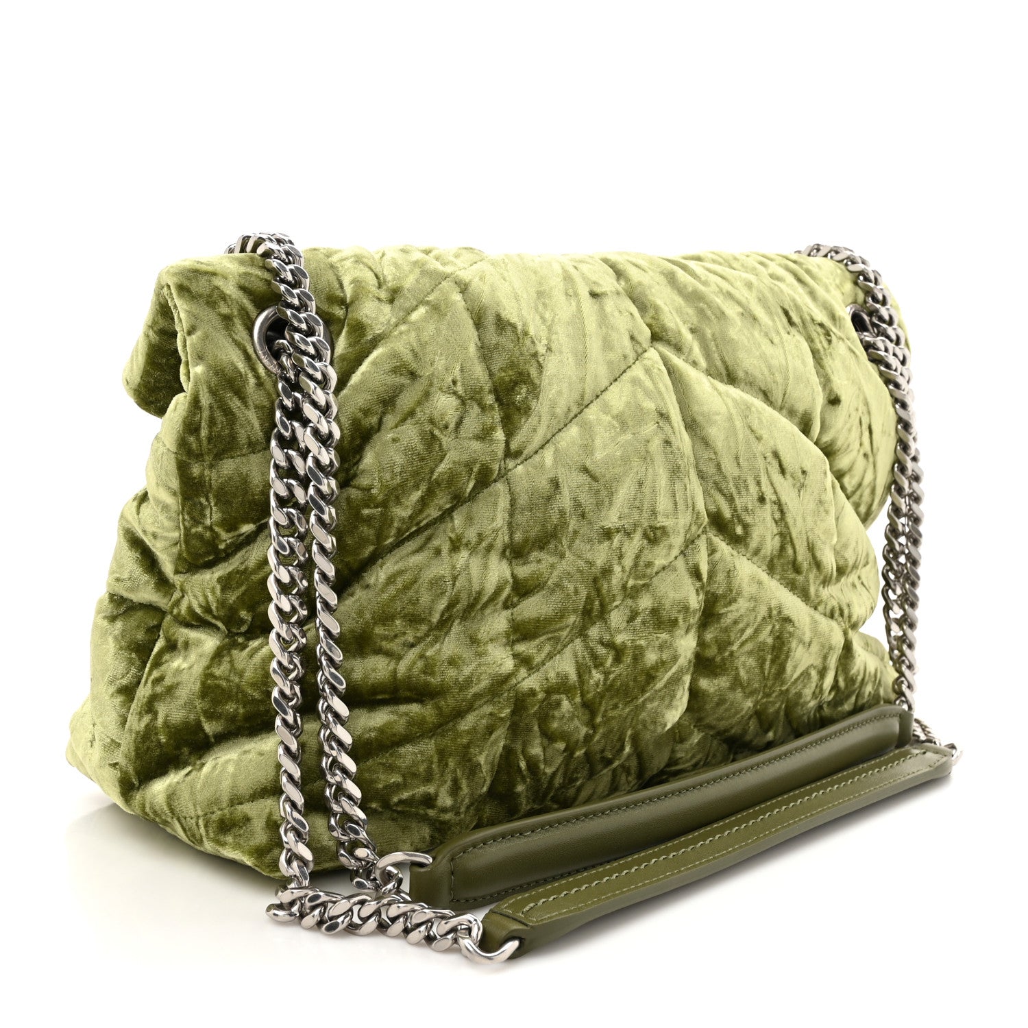 Saint Laurent Crushed Velvet Quilted Small Loulou Puffer Monogram Chain Satchel Green 3 of 10