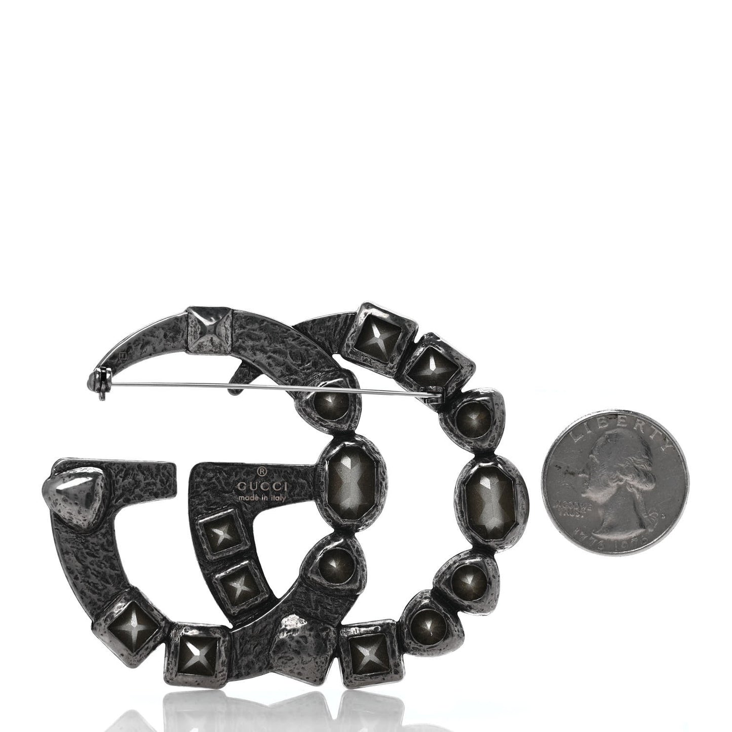 Metal Crystal Double G Brooch Silver