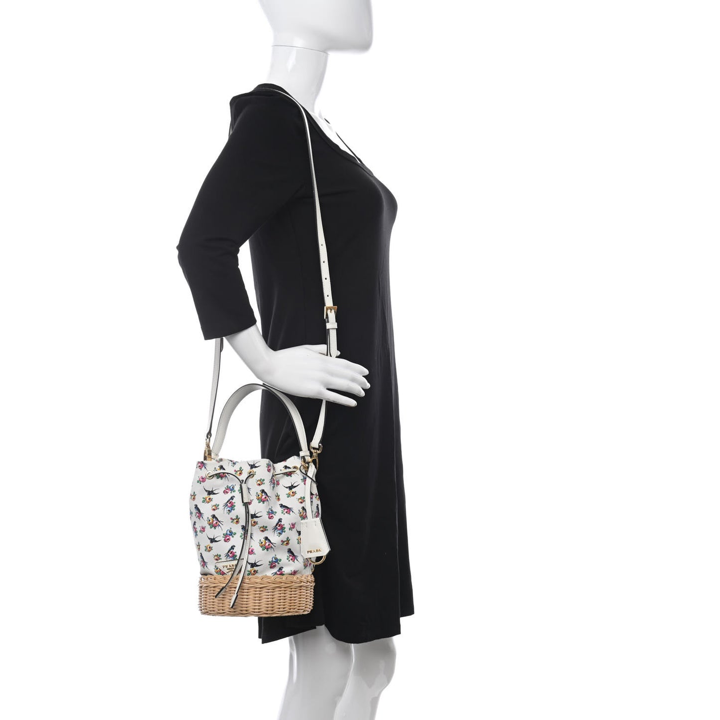 Wicker Canvas Floral Print Bucket Bag White Multicolor