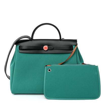 Hermes Military Toile Vache Hunter Laque Horseshoe Herbag Zip Retourne PM 31 Malachite 3 of 12