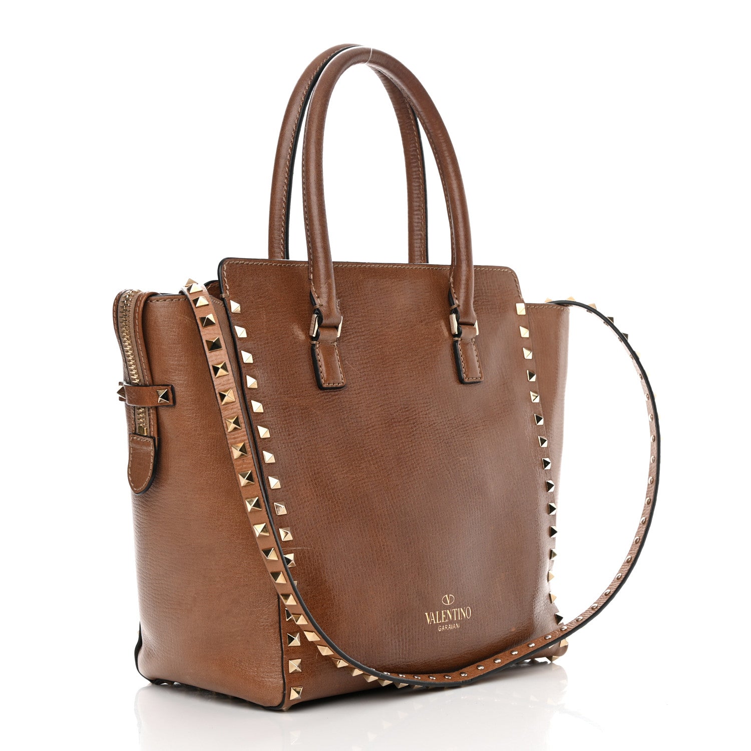 Valentino Garavani Textured Calfskin Rockstud Double Handle Tote Tan 3 of 17