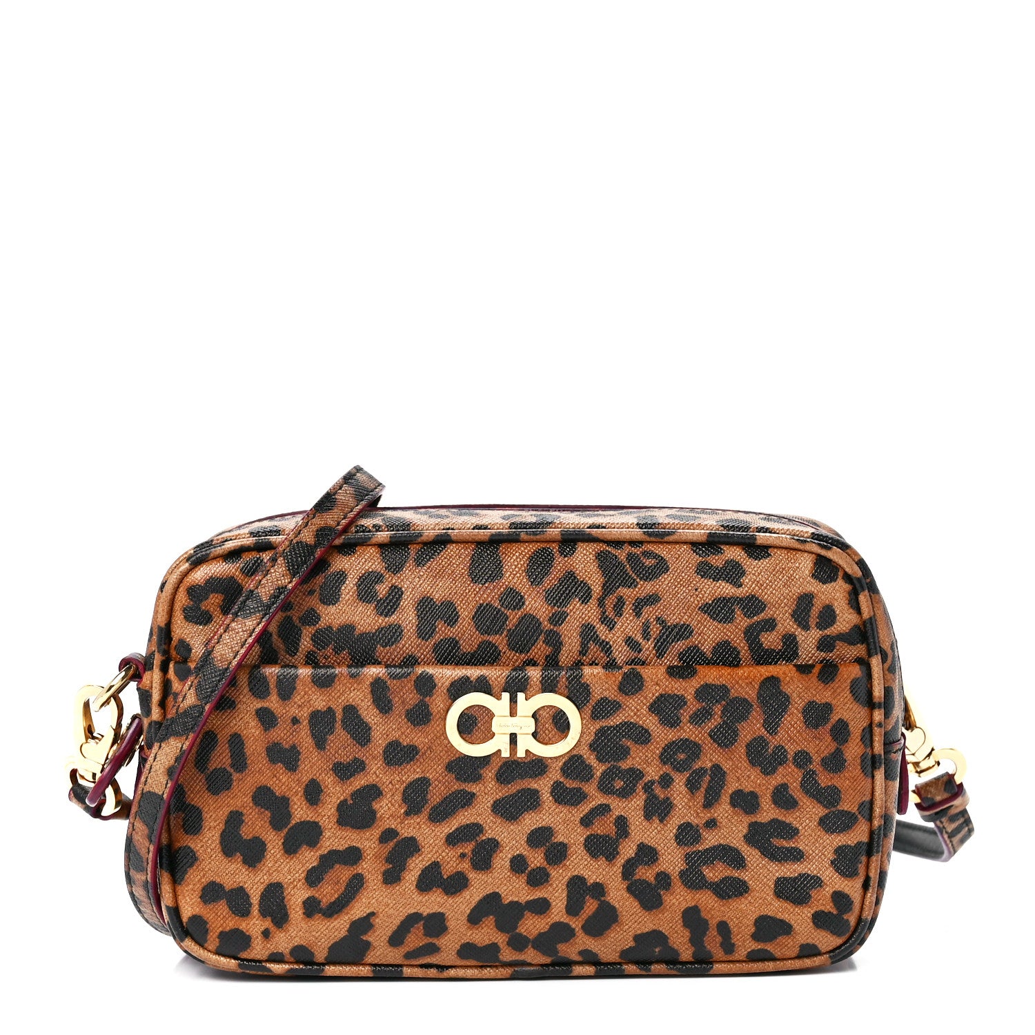 Salvatore Ferragamo Grained Calfskin Leopard Print Camera Bag Brown 1 of 11