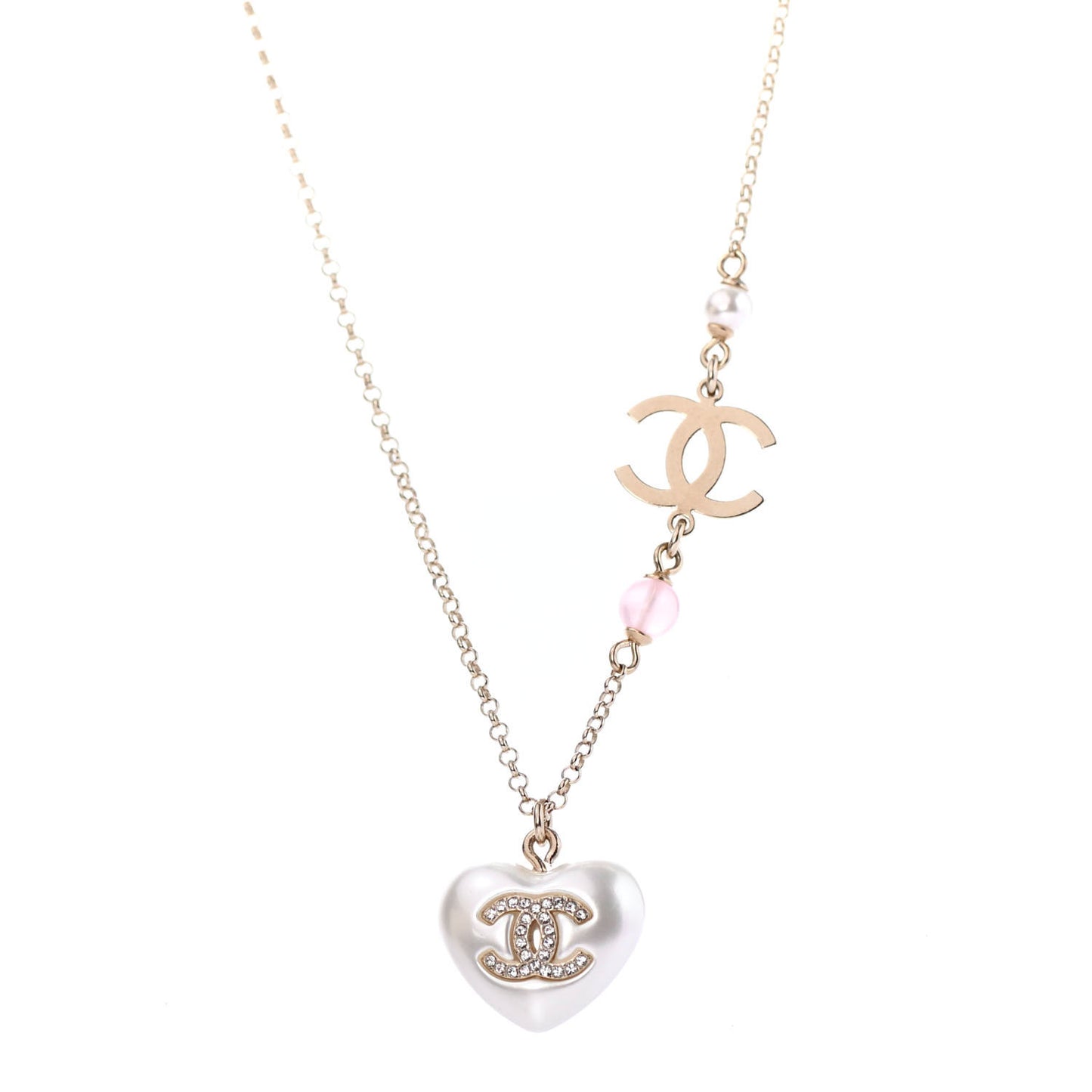 Resin Crystal CC Heart Necklace Pearly White Gold