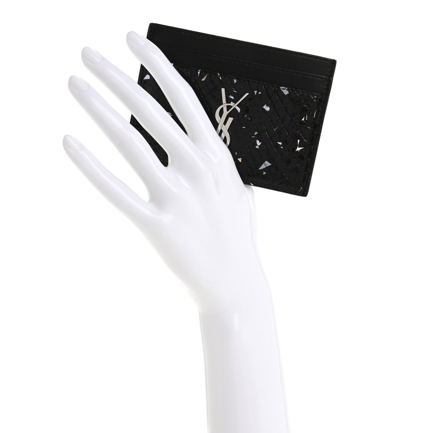 Patent Snakeskin Glitter Monogram Credit Card Case Black