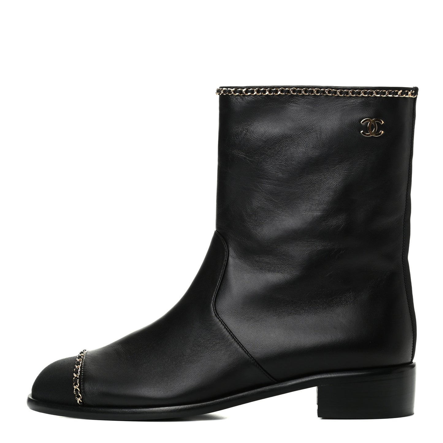 Lambskin Grosgrain Cap Toe Chain Short Boots 39.5 Black