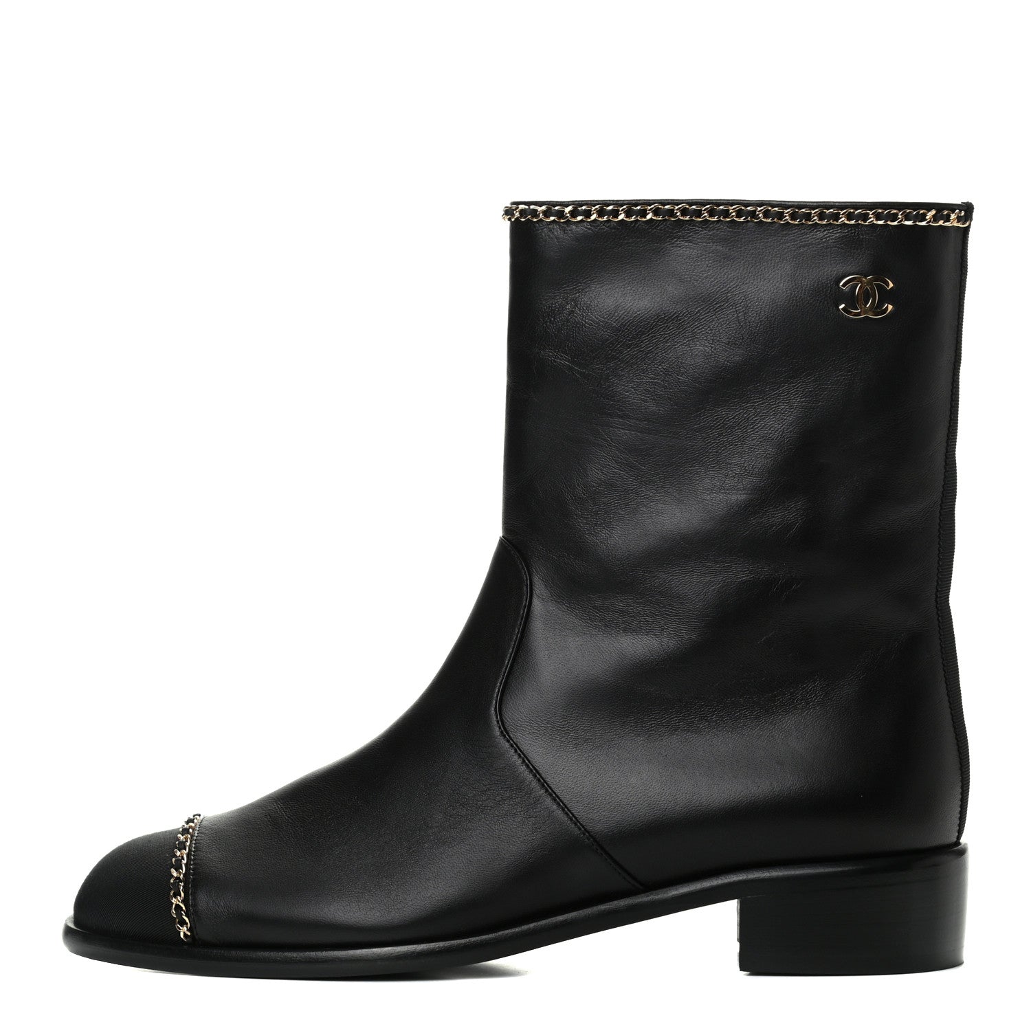 Chanel Lambskin Grosgrain Cap Toe Chain Short Boots 39.5 Black 1 of 9