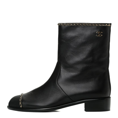 Chanel Lambskin Grosgrain Cap Toe Chain Short Boots 39.5 Black 1 of 9