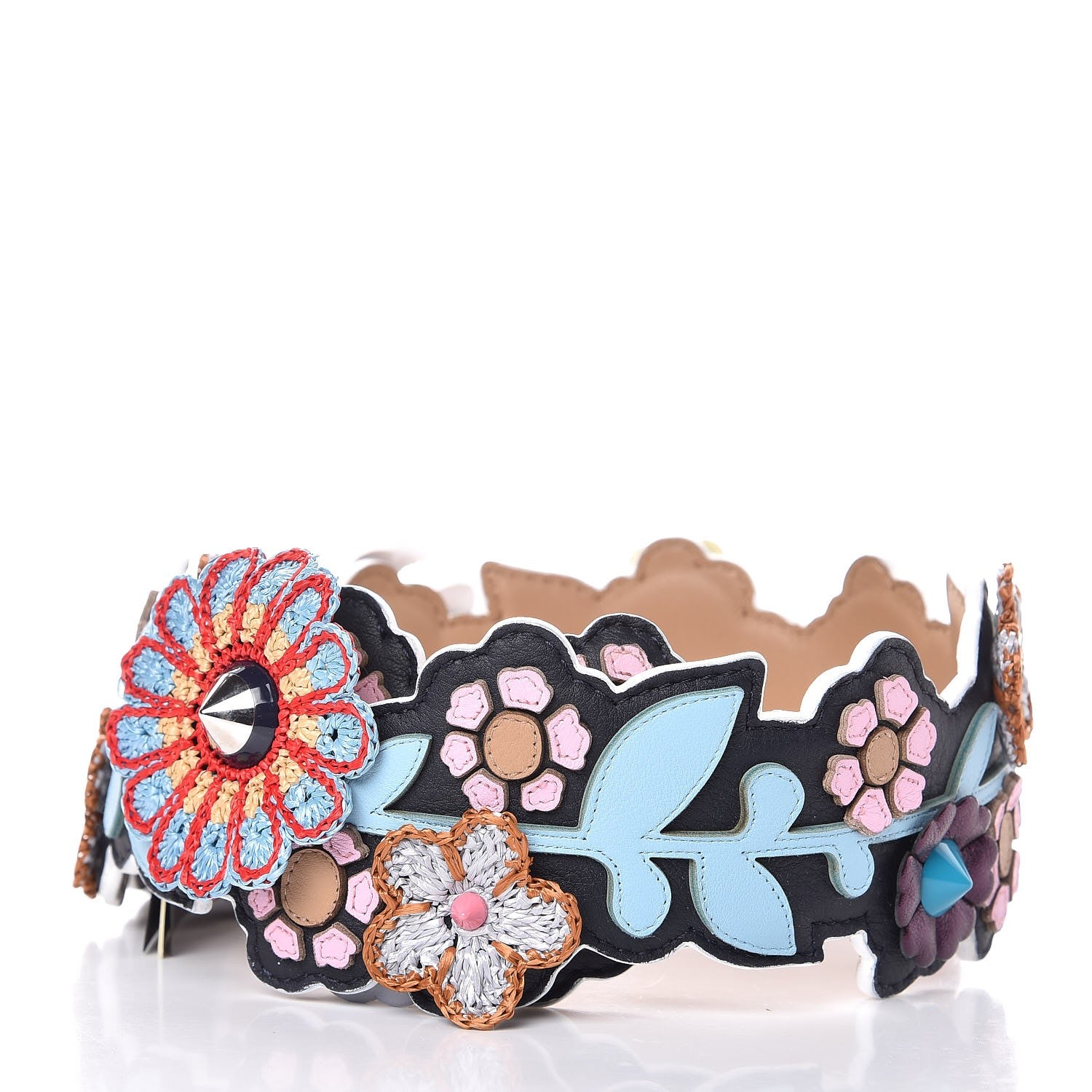 Fendi Vitello Dolce Raffia Nappa Catalan Mirror Mink Flowerland Studded Strap You Blue Notte Cuoio Multicolor 2 of 3