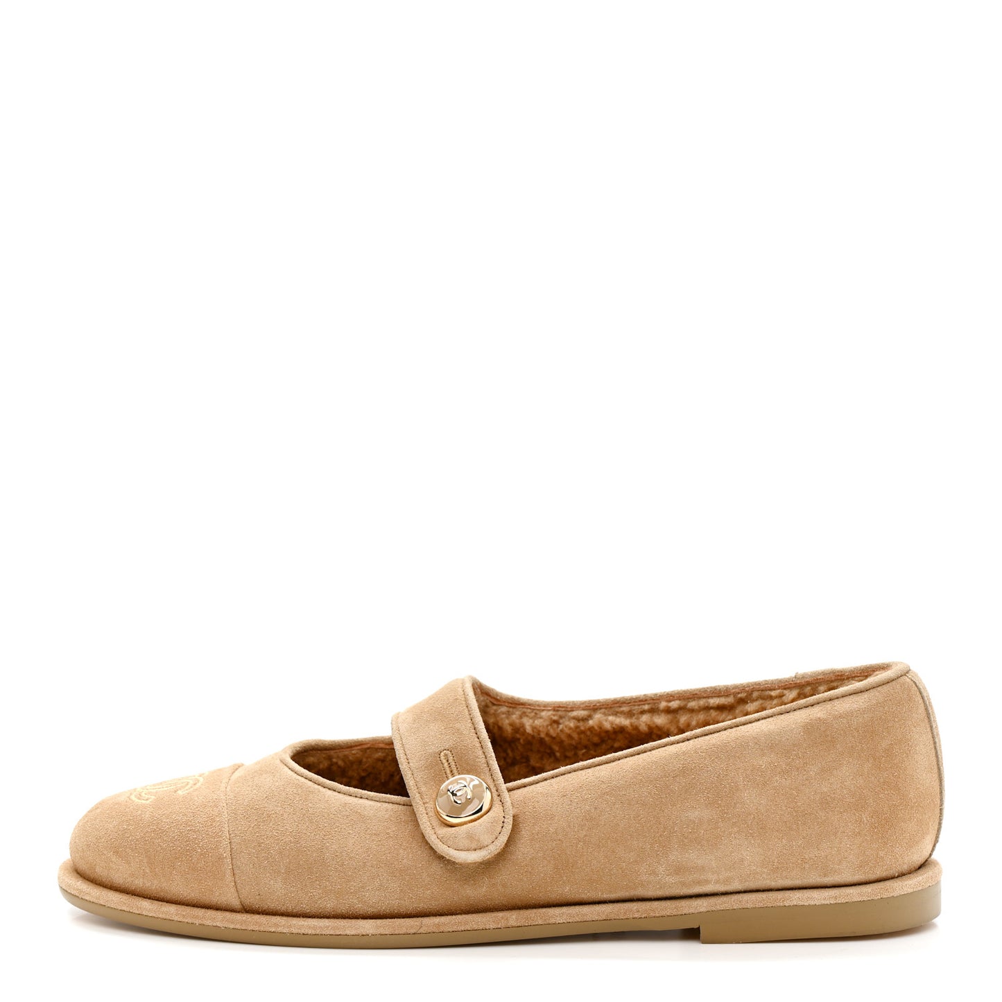 Suede Calfskin Cap Toe CC Mary Jane Flats 39.5 Beige